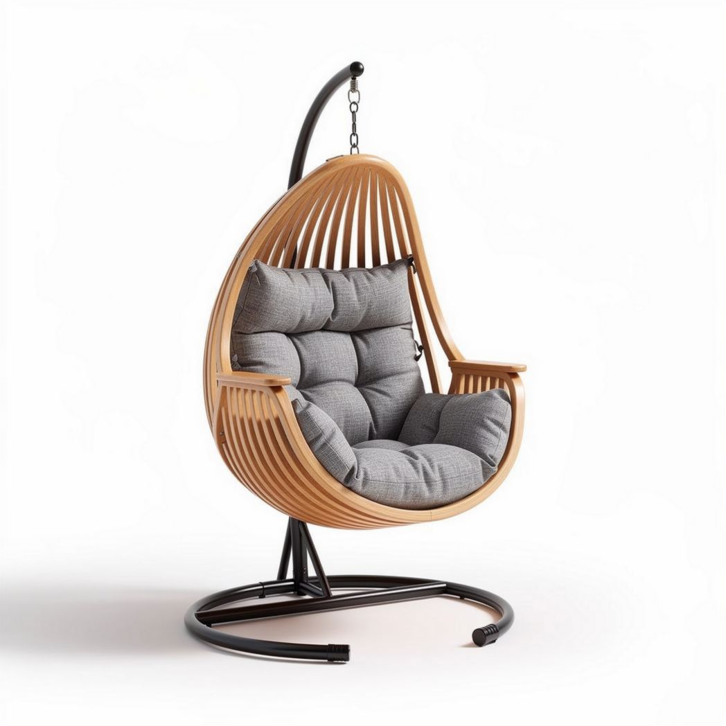 Hanging egg chair with gray cushions made of rattan and metal 80 x 70 x 120cm