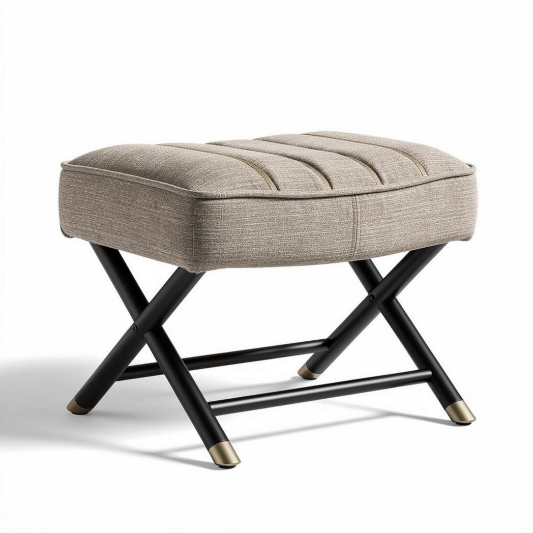 Fabric upholstered ottoman with sturdy black metal frame 45 x 45 x 40cm