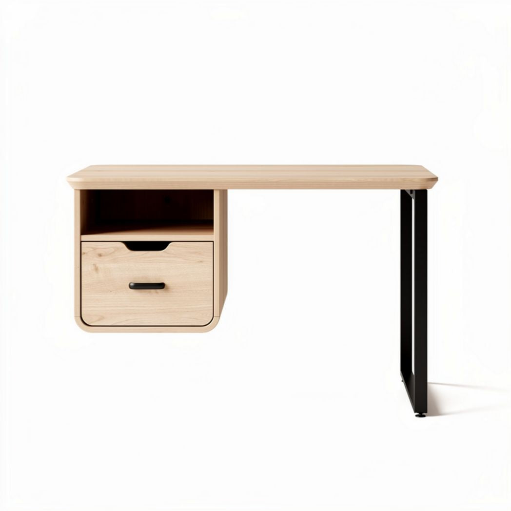 Wooden desk with single drawer and metal frame in natural finish 120 x 60 x 75cm