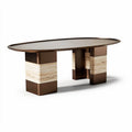 Modern oval dining table with stone base and brown metal accents 200 x 100 x 75cm