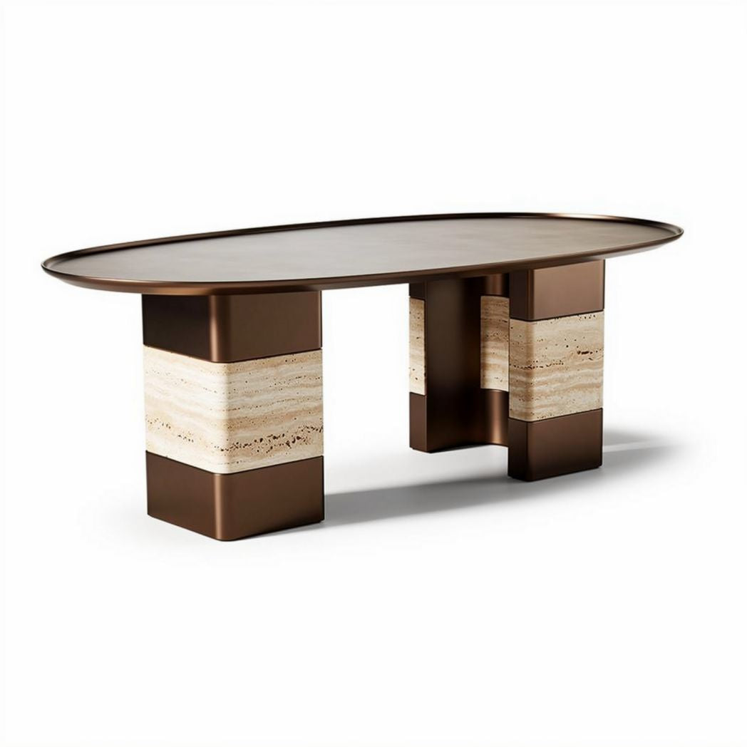 Modern oval dining table with stone base and brown metal accents 200 x 100 x 75cm