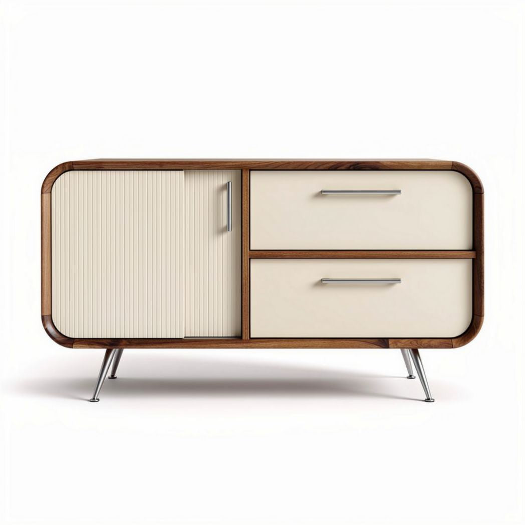 Mid-century modern wooden sideboard with cream finish and storage compartments 150 x 40 x 70cm