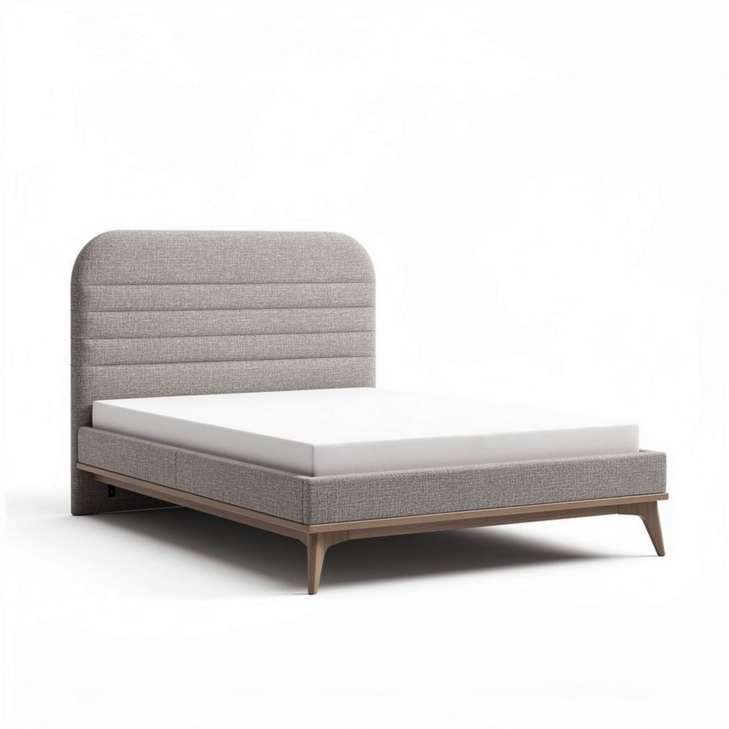 Upholstered bed frame with wooden legs in gray fabric 200 x 160 x 35cm