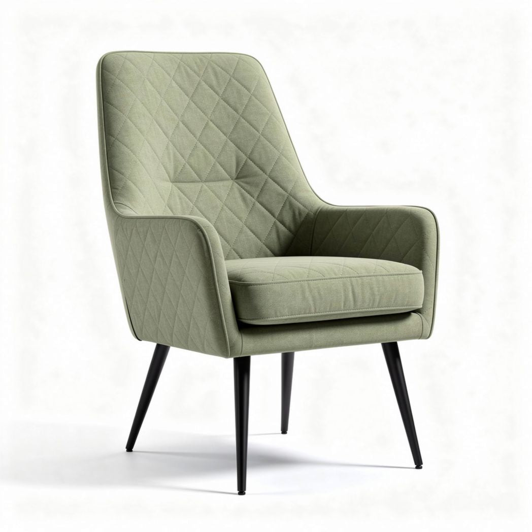 Quilted green armchair with black metal legs for living room use