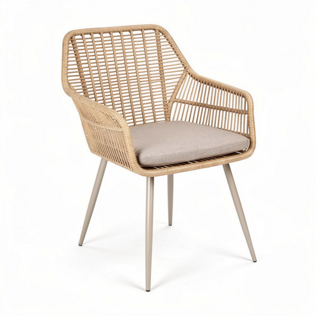 Outdoor rattan dining chair with cushion 55 x 55 x 80cm beige color