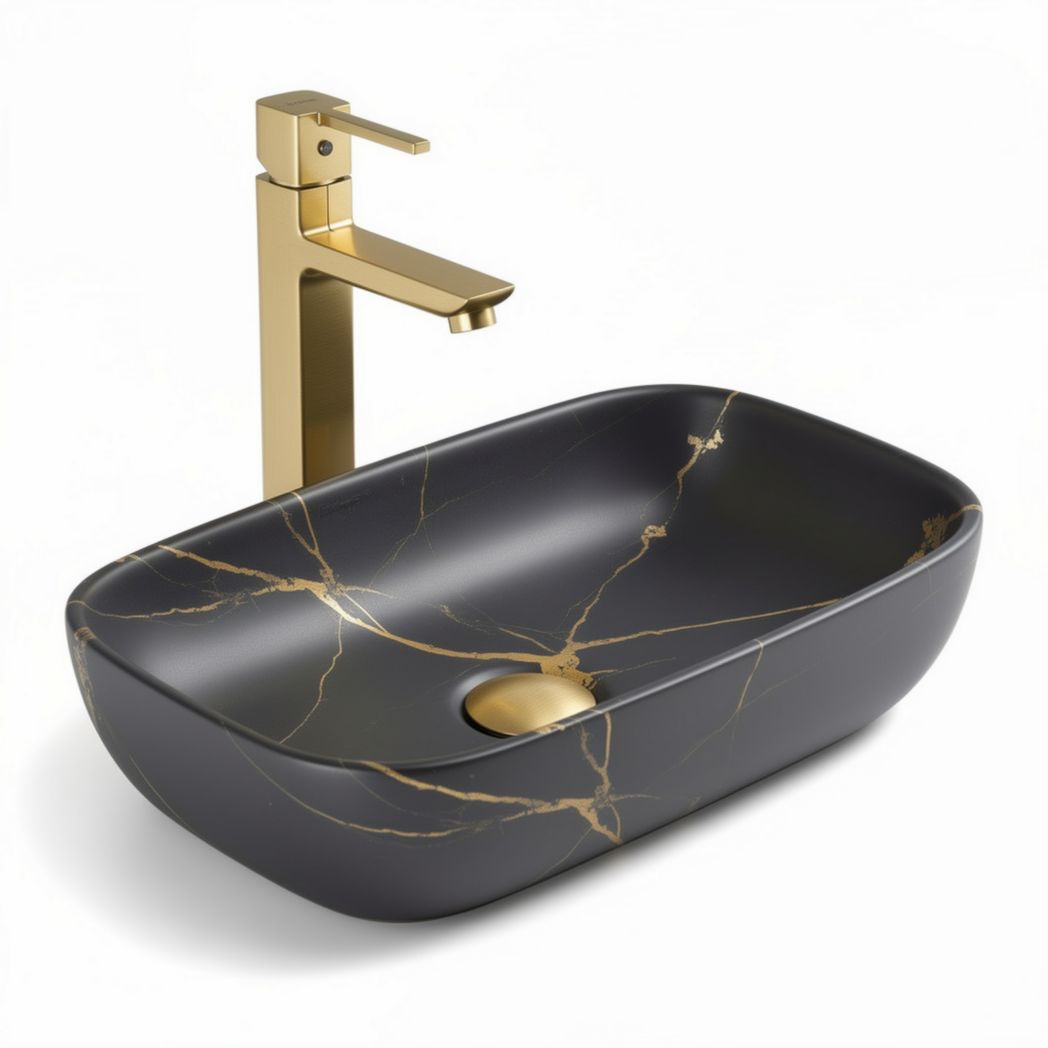 Black marble countertop basin with gold faucet and modern design 50 x 35 x 15cm
