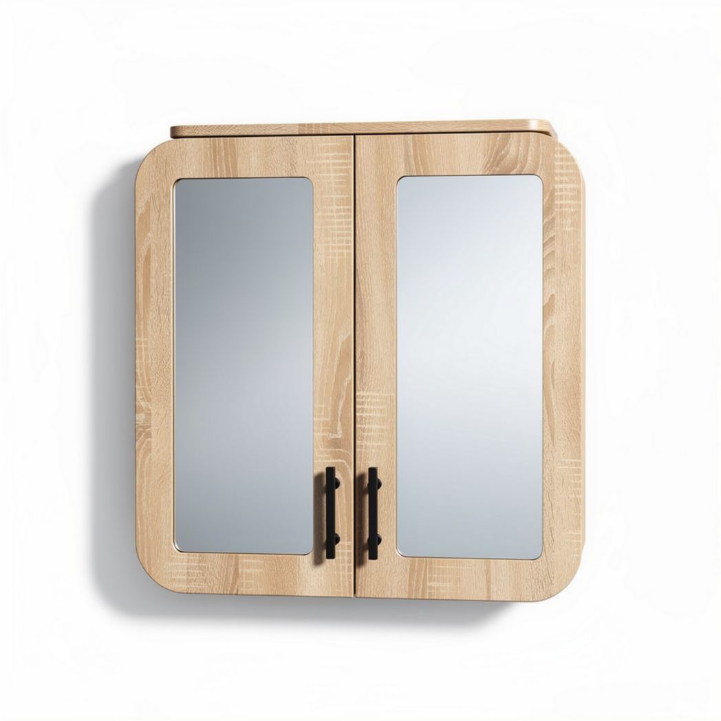 Wooden bathroom cabinet with mirrored doors and black hardware 60 x 50 x 15cm