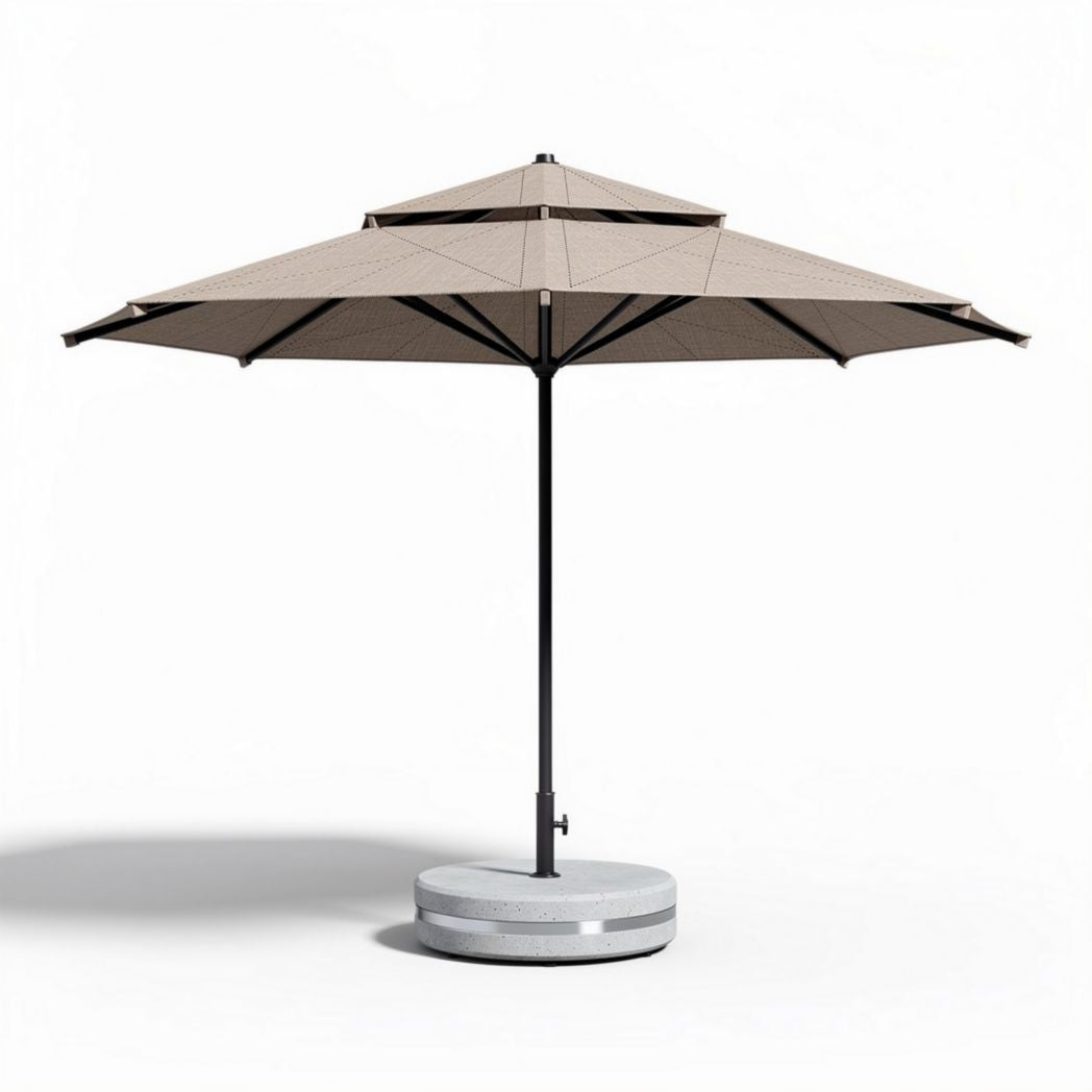 Outdoor patio umbrella with beige canopy and sturdy metal base 300 x 300 x 250cm
