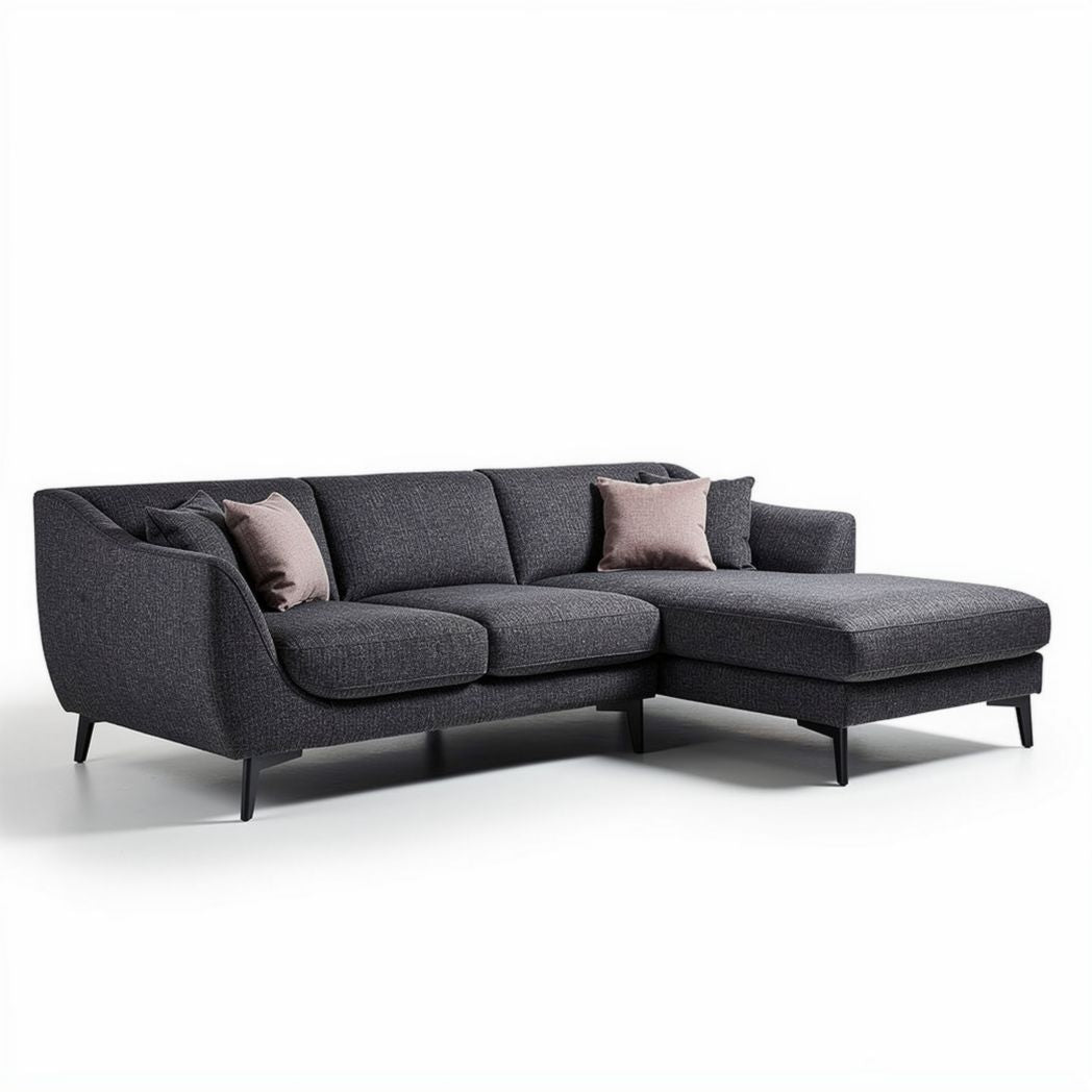 Contemporary gray fabric sectional sofa with pillows and chaise lounge 200 x 90 x 85cm